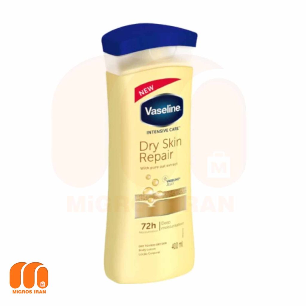 لوسیون بدن وازلین DRY SKIN REPAIR VASELINE عصاره ی جو مناسب پوست های خشک و ترک دار حجم 400 میل