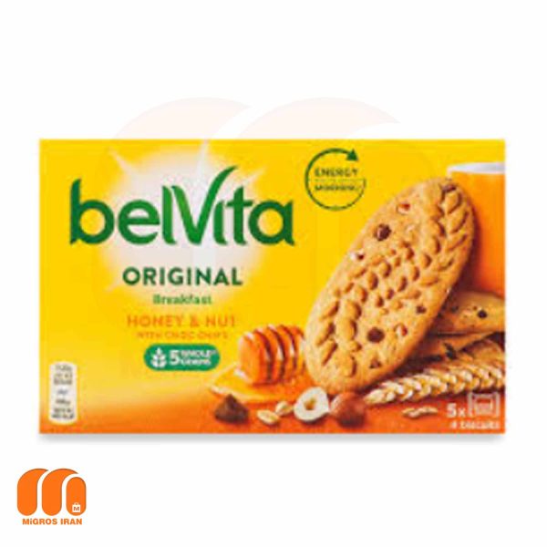 بیسکوییت با تکه های شکلات بلویتا belvita با طعم عسل و فندق 225 گرم