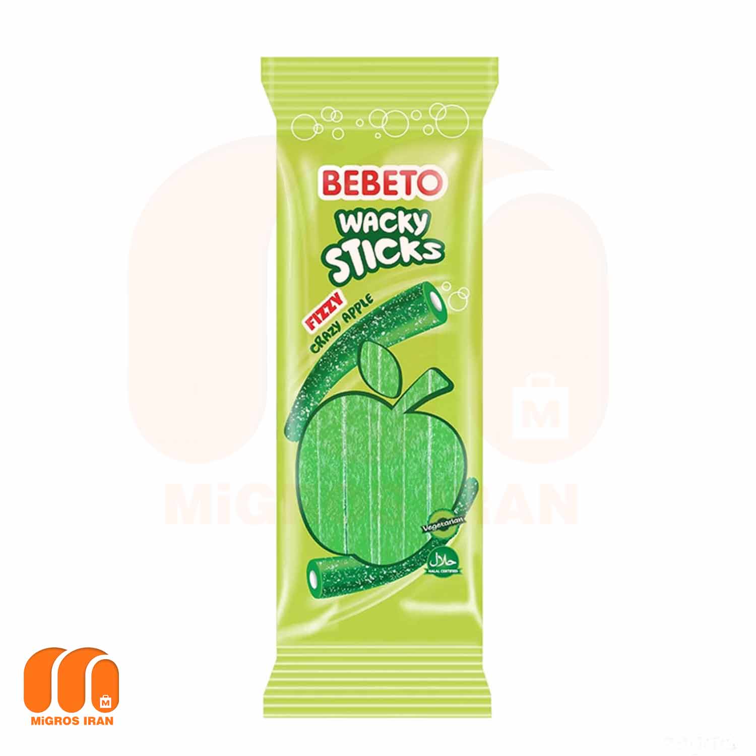 پاستیل لوله ای شکری وَکی استیکز ببتو bebeto با طعم سیب سبز 180 گرم