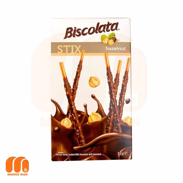 بیسکوییت چوب شکلاتی بیسکولاتا Biscolata مدل استیکس Stix حاوی تکه های فندق 32 گرم