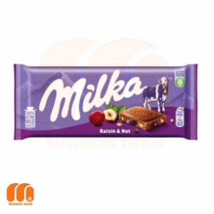 شکلات تخته ای میلکا Milka مدل Raisins & Nuts با مغز فندقی و کرن بری 100 گرم